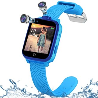 Montre intelligente bleue pour enfants, étanche, avec caméra.