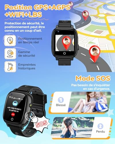 Montre intelligente pour enfants avec position GPS et mode SOS.