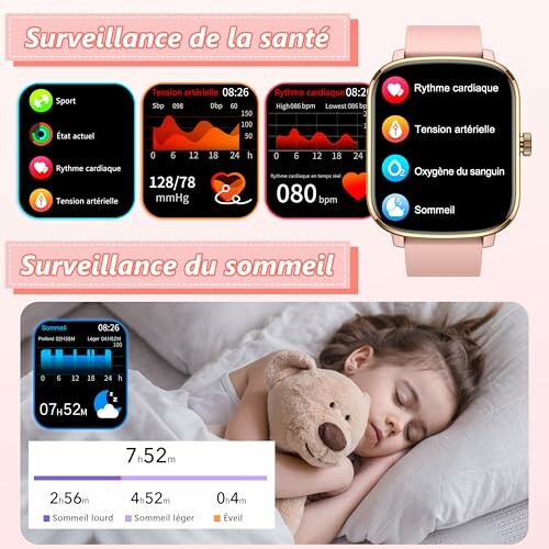 Montre intelligente surveillant la santé et le sommeil avec une enfant endormie tenant un ours en peluche.