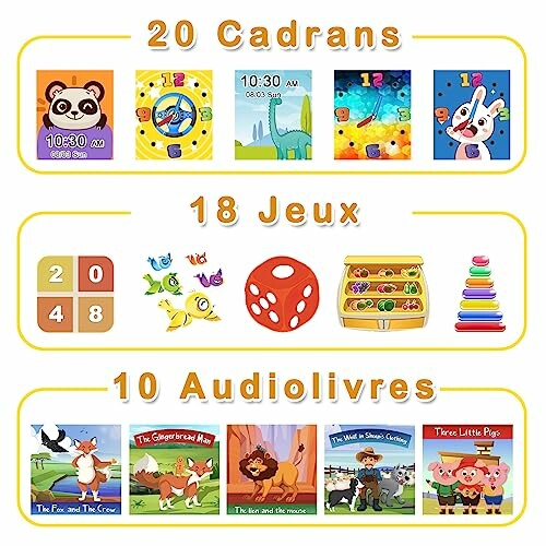 Image de jeux éducatifs pour enfants avec cadrans, jeux et audiolivres.