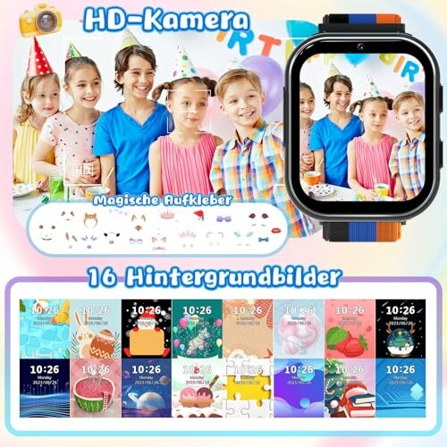 Enfants à une fête d'anniversaire avec une montre intelligente.