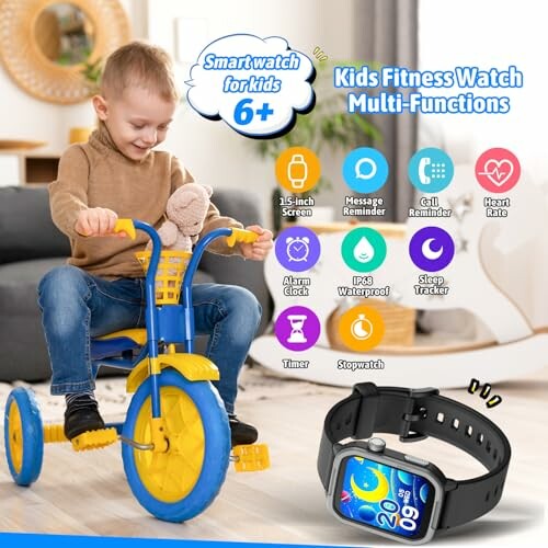 Enfant sur tricycle avec montre connectée pour enfants.