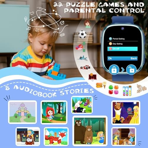 Montre intelligente pour enfants avec jeux de puzzle et contrôle parental.