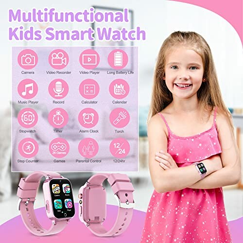 Montre intelligente multifonctionnelle pour enfants avec fonctionnalités variées.