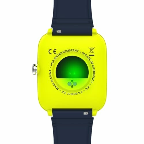 Vue arrière d'une montre connectée jaune avec capteur vert