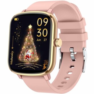 Montre connectée avec thème de Noël et bracelet rose.