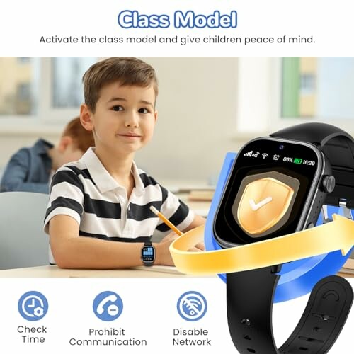 Garçon avec montre intelligente en classe.