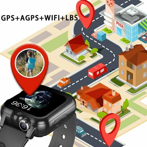 Montre intelligente avec suivi GPS sur une carte de ville.