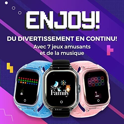 Trois montres intelligentes avec jeux et musique pour enfants.