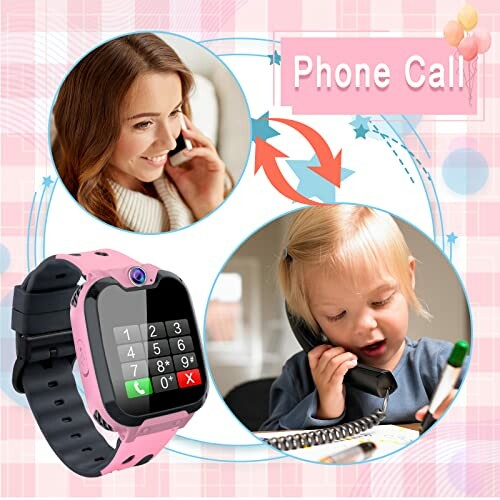 Montre intelligente avec appel téléphonique, femme et enfant utilisant des téléphones.