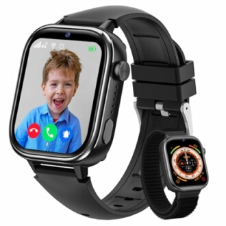 Montre intelligente avec appel vidéo affichant un enfant souriant.