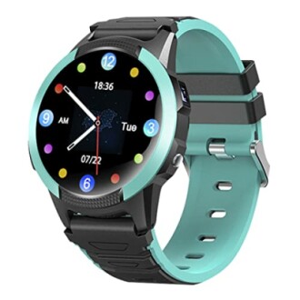 Montre intelligente turquoise avec écran rond.